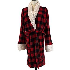 Red Black Buffalo Plaid Sherpa Fleece Robe Womens L Tie Waist Pockets Just Love